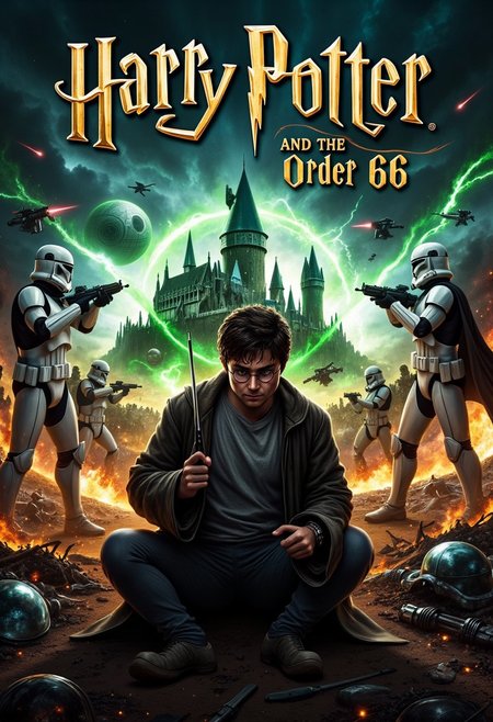book_cover, title "Harry Potter and the Order 66" is written in large, ornate golden letters, glowing against the dramatic background. In the foreground, Harry Potter kneels, holding his wand firmly in his hand, his face set in a determined expression, He’s battle-worn, with cuts and dirt on his face, his Hogwarts robes torn and tattered. Behind him, two clone troopers in pristine white armor stand tall, their blasters raised and aimed at Harry, their menacing presence heightened by their blank visors. In the background, an epic battlefield stretches out beneath a dark, stormy sky. The iconic Hogwarts Castle is partially in ruins, its towers crumbling under siege. Smoke rises from the destruction, and fiery explosions erupt in the distance. Hovering above, the ominous Death Star fires a massive, glowing green laser directly at Hogwarts, illuminating the landscape with an eerie green light. Scattered across the field are the remnants of fallen wizards, broken wands, and clone troopers’ helmets, adding to the scene's devastation. Magical spells and blaster fire light up the horizon, creating a surreal clash of worlds. Flying debris, sparks, and energy blasts fill the air, intensifying the battle-ravaged backdrop, as the two universes collide in a spectacular display of chaos and conflict.