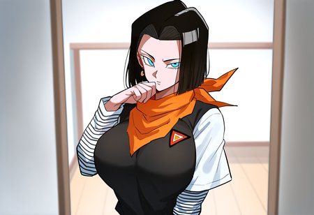 very awa, masterpiece, best quality, year 2024, newest, highres, absurdres, <lora:age_slider_v4:3> <lora:thicc_v1.4-pony:1.2>,detailed_background,indoors,layered sleeves,dragon ball,solo,kometubu0712,black shirt,bandana,looking at viewer,highres,genderswap \(mtf\),upper body,arm up,orange bandana,1girl,black hair,bandana around neck,dragonball z,short sleeves,blue eyes,closed mouth,hand to own mouth,white shirt,long sleeves,android 17,shirt,genderswap,short over long sleeves