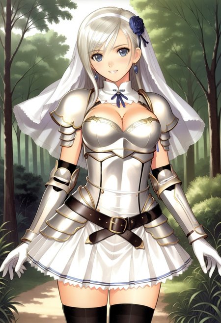 in forest, (soniablanche, earrings, hair ornament, veil, armored dress, pauldrons, breastplate, gauntlets, belt, skirt, black thighhighs, cleavage) thigh-highs, 1girl, best quality, cowboy shot, seductive smile, tony taka, Overall Detail, (slim, contrapposto, standing, earrings, looking at viewer, young-adult), white stocking, large breast, tony taka, negative hand, Fix hand
