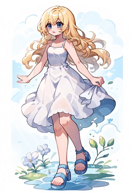 score_9, score_7_up, source_anime, highly detailed, BREAK  <lora:Namine:1> namine, 1girl, blue eyes, blonde hair, long hair, white dress, sleeveless dress, spaghetti strap, sandals, <lora:Momoiiroo_Art_Style_PonyXL:1> momoiiroo,