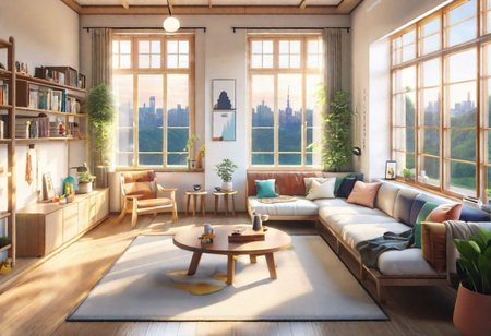 anime-style, modern-style interior, with white walls and large windows, Nordic-style furniture, a  study, Sofa, coffee table, bookcase, single wall, 
warm light morning sun, the view of the city