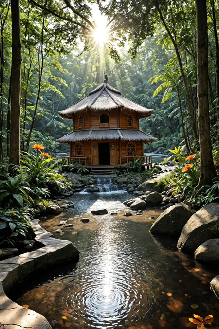 photo, photography, Fujifilm XT3 Viltrox, ((very detailed)), sharp focus, sharp background,  best quality, beautiful landscape, rainforest, jungle, sacred earth, stream, water ripples reflections, (small river pond), rainforest, hut, tribal amazon village, stunning nature environment, (bright sunny sky), high contrast, cinematic (lights), backlight, shadows, lens flare, vibrant colors, colorful, Cornflower Blue flowers and leaves,  <lora:add-detail-xl:1>  <lora:Better Blur Control:1>