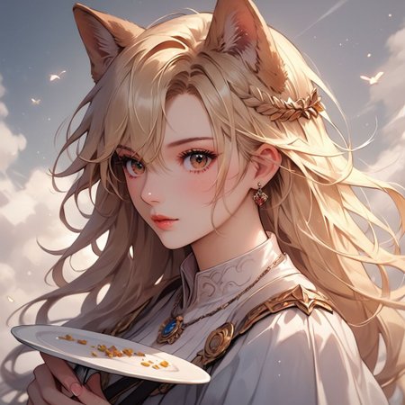 (score_9), (score_8_up), (score_7_up), (score_6_up), (score_5_up), (score_4_up), (masterpiece), best quality, detailed eyes, female, medium breasts, dog ears, dog tail, half plate armor, blonde hair, long hair, brown eyes, holding longsword