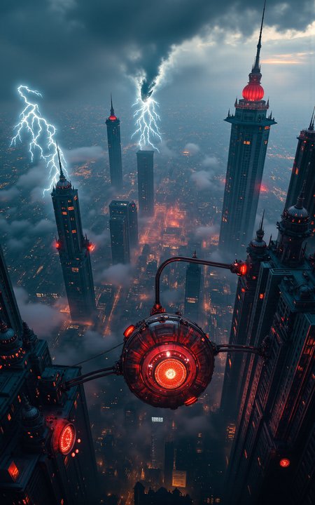 A vast steampunk sky city floats among the clouds,powered by a colossal mechanical heart suspended in midair,glowing warmly with pulsating red light. Gears turn and copper pipelines weave beneath the city's platforms. Overhead,a legendary storm dragon-its serpentine body crackling with live electricity-emerges through thunderclouds,casting shadows across the city. As the dragon nears,the mechanical heart begins to flicker irregularly,signaling imminent disruption. (vivid style, aerial wide shot, glowing red and storm blue palette, cinematic tension),<lora:aidmaMJ6.1_v0.5_3:0.6>,aidmaMJ6.1,<lora:detailifier_sd3.5:1>,detailifier,