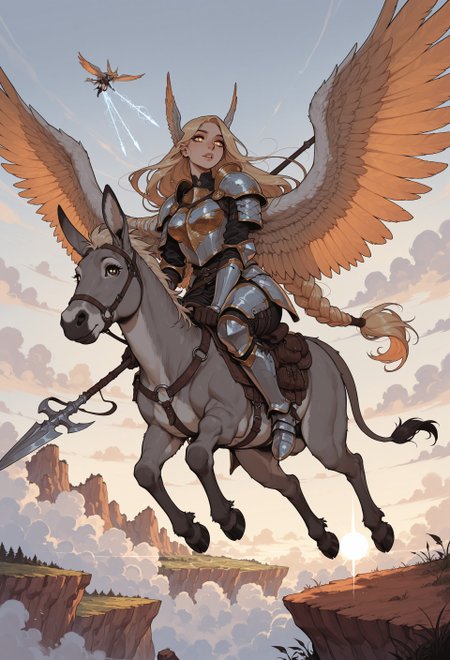 score_9, score_8_up, score_7_up, masterpiece, best quality, very aesthetic, incoth, (incase:0.6), detailed face, (dynamic:1), 1girl , perky, (curvy:0.7), (mature:0.7), Valkyrie, blonde hair, extremely long hair, braided, golden eyes, white pupils, nordic armor, fur, intricate design, spear, mythological, huge wings, riding flying donkey, clouds, flying, cliff, epic, dramatic lighting, donkey, celestial 