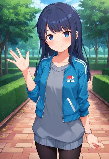 masterpiece, best quality, absurdres, very aesthetic, general, 1girl, mtmdef, mtm, dark blue hair, long hair, jacket, emblem, (grey sweater dress), bare wrist, black pantyhose, closed mouth,  waving,  park <lora:ILmutsumiAGA:0.7>