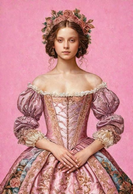 Pretty girl with dress with renaissance paint motif pink background highly detailed