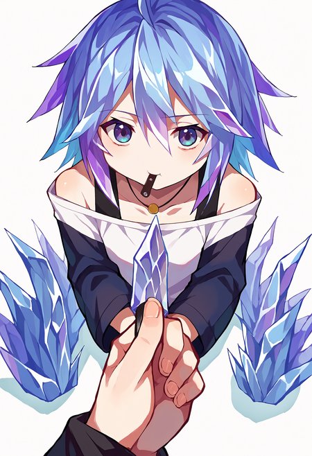 score_9, score_8_up, score_7_up, source_anime, godoacrime, from above, chibi:1.2, pov, holding knife, hand, ice, ice-mizore, multicolored hair, ice hair, mouth hold, tank top, off-shoulder longsleeve shirt, ice hands, <lora:Degen_Mizore_v3:.95> simple background,  <lora:goDoACrimeMemeDora_v10:1>