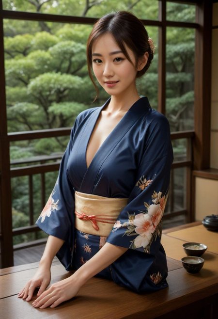 From frontal below :1.3,(dark background:1.3),(posing behind wood table:1.631),(restaurant at ryokan:1.2),(Japanese tea cups and ((sukiyaki ))on table:1.63),((sukiyaki :1.5)),(beautiful real texture :1),smile face:1,(royal),10k,(real skin texture:1),high resolution,(one 32 years old elegant Japanese woman wearing in jyuban and colored long kimono:1.2), (looking at garden :1.4),exquisite face:1,(163cm tall:1),(fine wrinkle  :1.),(detailed innocent girls face:1.), NegfeetV2,(dazzling expression:1.54),(small single chignon:1), (only (one side )breast out:1.654)