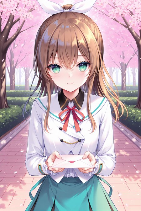 masterpiece, best quality, newest, absurdres, highres,(chen bin: 0.5),(hiten \(hitenkei\):0.4),(rimuu:0.5),(mignon:0.5),(sheya:0.6),1girl solo
  ensemble style, misaki(ensemble),1girl,ponytail,white ribbon,brown hair,green eyes,smile,blush,
  liliai, school uniform, neck ribbon, aqua skirt, white shirt, pleated skirt, frilled sleeves, frilled skirt, 
love letter,incoming letter, hearts,outdoors,under cherry tree,<lora:MisakiXLNAI:1>,<lora:liliaiXLNAI:1>