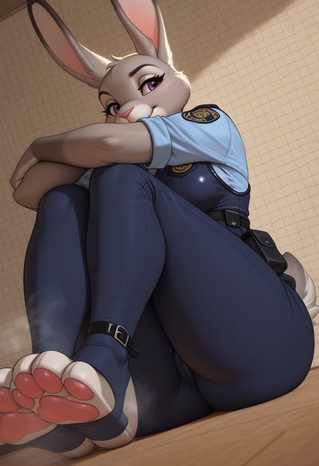 smiju,  furry, furry female, anthro, female, bunny, grey fur, purple eyes, rabbit ears, rabbit tail, police uniform, dark blue pants, blue shirt, belt, belt pouch, dark blue vest, toeless blue legwear, stirrups, medium breasts, smell, steam, legs, paws, pawpads, cameltoe, juddy hopps, sitting, hugging knees, 
dynamic angle, foreshortening,