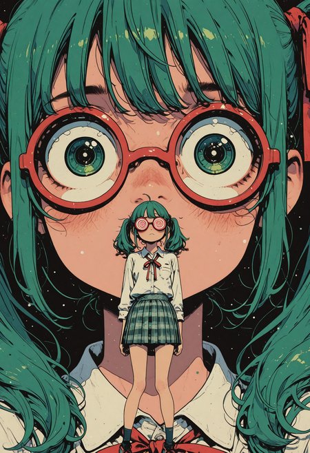 1 girl, close-up face, shy, blush, panic, funny, fujoshi miku, fujoshimiku, green hair, twintails, opaque glasses, coke-bottle glasses, white shirt, red ribbon, pleated skirt, plaid skirt, socks, long legs, big eyes, flat color, pop art, clean lineart, yoneyama mai, ahoge, shoujo style, flat coloring, soft 
sinozick style, flat color, in the style of cksc, illustration, masterpiece, (extremely detailed CG 8k), (very fine 8K CG), (ultra detailed perfect piece:1.2), lat color, no lineart,,(no lineart, flat art style:1.0), NO_LINE_ART, comical, simple,
 <lora:Sinozick_Style_XL_Pony:0.35> <lora:NOOB_vp1_detailer_by_volnovik_v1:1> <lora:ponyv6_noobV1_2_adamW:0.9> <lora:ck-shadow-circuit-IL:1>