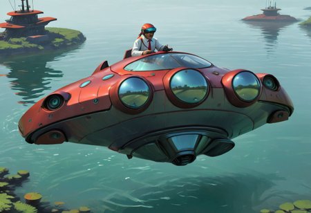 Epic Book Cover.
A crazy maker in white shirt and scarlet tie rides a floating futuristic iridescent electromagnetic hover-craft.
The hover-craft is partially reflective liquid metal.
He wears reflective old pilot glasses.
He wears a chromed blocky and goofy helmet.
By "Simon Stalenhag".
Life-like details.
Cinematic. 
Dramatic. 
Dynamic. 
Extremely refined lines and and shapes.
Extremely refined details on objects.
Sharp details.
Wide range of colors.
Many details everywhere. Ray-Tracing. Anti-Aliasing. Realistic soft shadows. Low saturation colors. Insane quality. Insane resolution. Insane details. Masterpiece. 32k resolution.