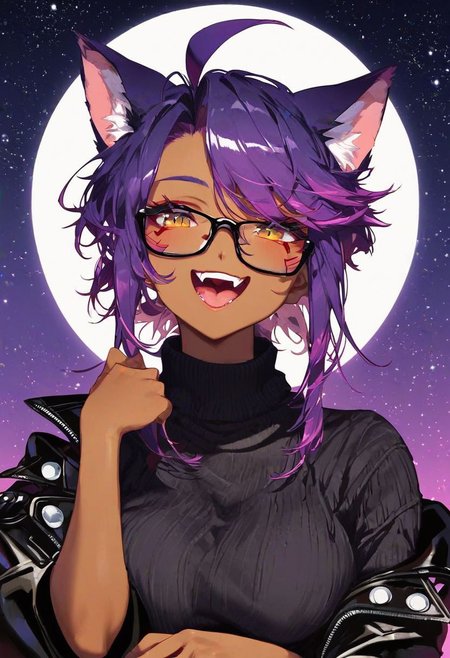 score_9_up, score_8_up, score_7_up, very detailed, cute catgirl, cute pose, catgirl ears, tanned skin, dark skin, titanium framed glasses, bright neon purple hair, ponytail hair, short hair, ahoge hair, sly smile, open mouth, starry jewelrey, baggy sweater, oversized sweater, Red Turtleneck sweater, black leather coat over sweater, studded coat, spiked coat, night time, cyberpunk city in background, moon, solo focus on face, from torso up, detailed face, best detail, (best quality:1.5), masterpiece, (high resolution:1.5) 
ng_deepnegative_v1_75t, OverallDetail, , Expressiveh