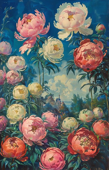 masterpiece,best quality,<lora:tbh263-sdxl:0.9>,illustration,style of Boris Kustodiev decaying peonies