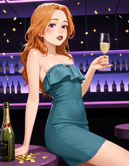 newest, highres, masterpiece, score 9, score 8 up, score 7 up, 1girl, 19 years old, mature eyes, Galaxy in her eyes, \(dark lipstick\), imperfect skin, detailed face, detailed eyes, hot, casual photo, classy makeup, freckles,
1woman, solo, Maya, thick butt, modern and cute, tight waisted body, hot, freckles, skinny, flat chested, lovely, concerned, sexy, Expressiveh, 1nc4s3, \(boudoir photos\), wide angle,
strapless dress, \(orange\) dress, sideboob, sleeveless,
Setting, indoors, Purple walls, moody, dance club,  bar, foggy, misty, \(holding champagne glass in left hand\), \(holding champagne bottle in right hand\), confetti everywhere, confetti floating around her, \(HAPPY NEW YEARS\), embedding:safe pos