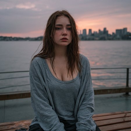 beautiful girl, candid photo, slightly overweight, real curves, realistic, sad, crying, desperate, heartbroken, tears, __Eyecolor__ eyes, extremely wet __Haircolor__ hair, ((dark makeup)), hyperdetailed photography, soft light, head and shoulders portrait, freckles:0.1, cover, soft light, sitting on a bench, gray wet city background, soft __Neoncolors__ neon signs on the distance.
