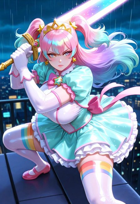 1woman, 25 years old, rainbow eyes, pink hair, long sidelocks, two side up, long hair, multicolored hair, gradient hair, aqua tips, masterpiece, best quality, absurdres, huge breasts,
(pastel colors, pastel blue, pastel pink, pastel green, pastel purple, pastel rainbow), pastel blue magical girl, padded magical girl dress, kawaii, frilled skirt, thighhighs, pastel aqua dress, multilayered dress, tutu, petticoat, padded dress, puffy short sleeves, elbow gloves, gold tiara, gem brooch, large bow, ribbons, lace trim, frills, latex, shiny clothes, sparkles, glitter, star earrings, rainbow accessories, jewelry, frilled mary janes,
lipgloss, eyelashes, light blush, light makeup,  
outdoors, city, night, overcast, rain, on rooftop, 
solo, fighting stance, serious, (sword guard stance), two-handed, holding sword, energy sword, huge weapon,
intricate, highly detailed, majestic, shallow depth of field, movie still, circular polarizer