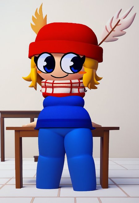 score_9,score_8_up,score_7_up, score_6_up, source_cartoon, cghonk BREAK, Bambisona style, 3d, 3d art, beautiful, masterpiece, (cartoon), round head, bright colors, 1girl, cylinder legs, light-skinned, light skin female, red beanie, beanie, scarf, red stripped scarf, white scarf, hat, red hat, feather hat, golden feather, blue shirt, blue pants, beanie, blue eyes, full body, short hair, tied hair, blonde, feather on hat, chibi, large eyes, blush stickers, smiling, short female, cowboy shot, white room, white floor, white walls, paintings on walls, chairs, table, shortstack
