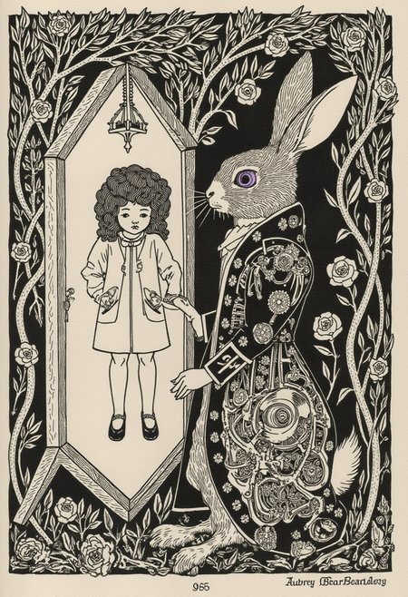 aubreybeardsley1 illustration  A clockwork rabbit with exposed gears wearing an aristocratic frock coat stitched from bone tendrils and rose petals, standing in front of a crooked mirror that reflects a childlike human version of itself; the entire piece flows with Beardsleyâs ornamental ink swirls, but only the rabbitâs one glass eye shines in a soft lavender glow â a perfect collision of innocence, vanity, and the grotesque.