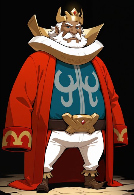 masterpiece,best quality,amazing quality, 1boy, solo, d4phn3s, human, belt, blue shirt, brown shoes, collar, crown, red robe, white pants, dark_skin, mustache,full body,