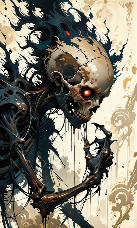 A digital painting of a menacing skeletal figure with glowing red eyes surrounded by swirling fiery  black flames. The background is a textured beige canvas enhancing the eerie otherworldly atmosphere.   <lora:- NAI - ac_illustration_V1.0-step00011000:.4>  <lora:- NAI - PdJ_highres_counterweight_V.2.0-step00021000:0.7> <lora:- iLL - help_for_the_wicked _V1.0-step00001000:.8>