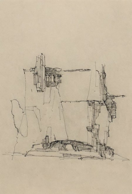 a professional hand sketch of architecture,
(POV view , DOF, first people view from the entrance, low angle shot:1.4),
(Ancient civilization, Alien Prometheus movie scene, dune movie scene:1.5), (The colonial city of the future, in the mist-filled Grand Canyon, on an unknown Earth-like planet, 2 moon on sky, Spaceship flight connects colonies, waterfulls:1.3), (Machu Picchu, a mountain settlement, incredibly spectacular:1.2), (Mario Botta:1.3), (avant-garde, future, reality, science fiction, photorealistic), (modern architecture:1.2), White limestone with black granite, fountain, waterfall, landmark, square, path, narrow street,
(Large Files, Ultra Realistic, 8K, 16k, FHD, HD, VFX, Perfect, Photography, composition, Architecture Sales Photography, Architecture Competition, Ultra High Resolution, Cinematography, High Resolution Image:1.1), (dramatic lighting, direct sunlight, ray tracing, clear shadow:1.2),  (real landscape:1.1), (blurred background:1.0), (urban background, more_details) ,
great lighting, extremely detailed, hillscastel, Neo Classic, Architecture sketch