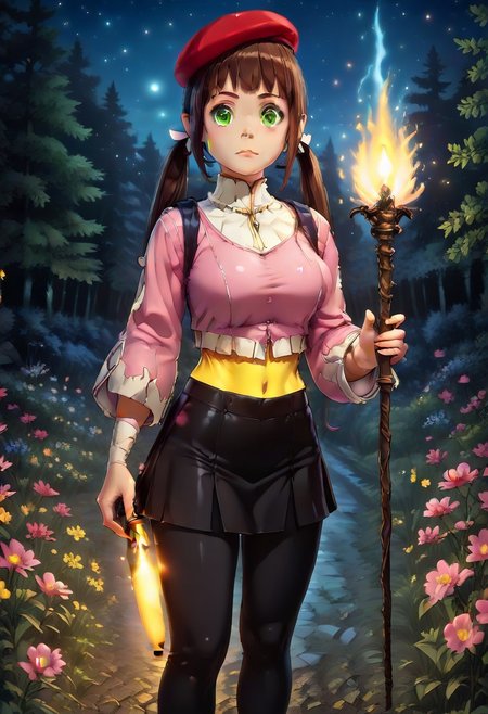 score_9, score_8_up, score_7_up, score_6_up, (ultra detailed, 8k, photorealism),1girl, lilia, beret, brown hair, twintails, green eyes, tight pink crop top, black skirt, big breast, holding a torch, in the dark, night time, lost in the forest, night sky, thick dense foliage, trees, flowers, unknown path, dark, shiny glow insects, painted in style Narrdack