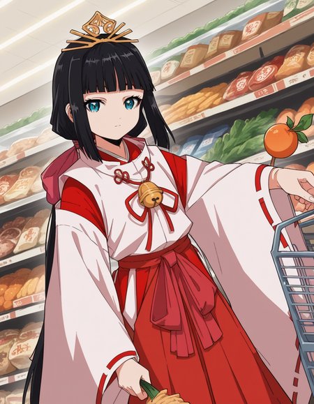 score_9, score_8_up, score_7_up, source_anime, <lora:nigewaka-shizuku-s1-ponyxl-lora-nochekaiser:1>, shizuku, long hair, bangs, blue eyes, black hair, blunt bangs,, japanese clothes, bell, miko, skirt, long sleeves, ribbon, wide sleeves, red ribbon, ribbon trim, hakama, hakama skirt, jingle bell, ribbon-trimmed sleeves, miko, red hakama,, grocery store, shopping cart, picking fruits, everyday life, , , looking at viewer, v,, solo,, cowboy shot, dutch angle