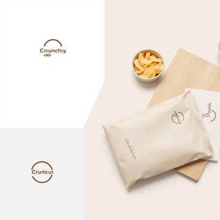 The pair of images introduces a minimalistic design for a bag of chips brand; [IMAGE1] the logo features a simple circular emblem with the word âCrunchyâ in a bold sans-serif font, accompanied by an understated wave pattern beneath, all set on a crisp white background; [IMAGE2] this design is applied to a sleek, matte-finish chip bag in a neutral beige color with subtle accents, lying on a light wooden table alongside a small bowl of chips, emphasizing the brandâs clean and modern simplicity., 1girl, perfectly flat chest, tiny perky tits