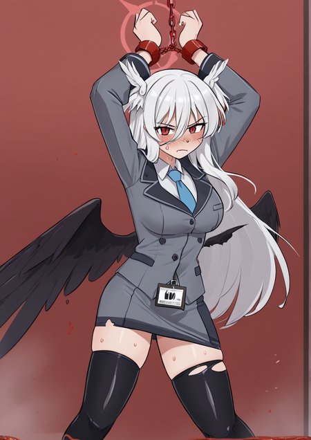1girl, suzumi (blue archive), huge breast, arms up, black thighhighs, blood, blood on face, blush, bound, bound wrists, chain, closed mouth, cuffs, grey jacket, grey skirt, hair between eyes, head wings, id card, jacket, long hair, long sleeves, looking at viewer, miniskirt, red eyes, school uniform, single head wing, skirt, solo, sweat, thighhighs, torn clothes, torn thighhighs, very long hair, white hair, wings, zettai ryouiki,  <lora:the_kinky_quest:1>