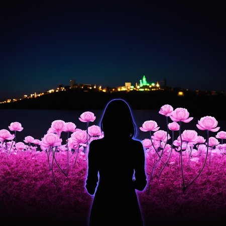 PStyl3, plasmatic bioluminescence carnation woman silhouette with a town background  <lora:Maximalist_Drawing_BW:0.85>