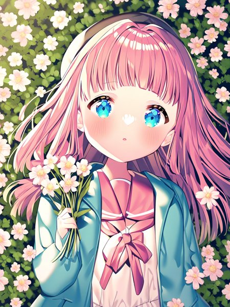 style ikari,
1girl,long hair,pink hair,bangs,beret,blue eyes,blush,sailor collar,pink bow,long sleeves,dress,white dress,jacket,blue jacket,open clothes,looking at viewer,outdoors,flower field,flower sea,flower,white flower,close-up,upper_body,holding flowers, 
<lora:artist_all_in_one_2-000036:1>,