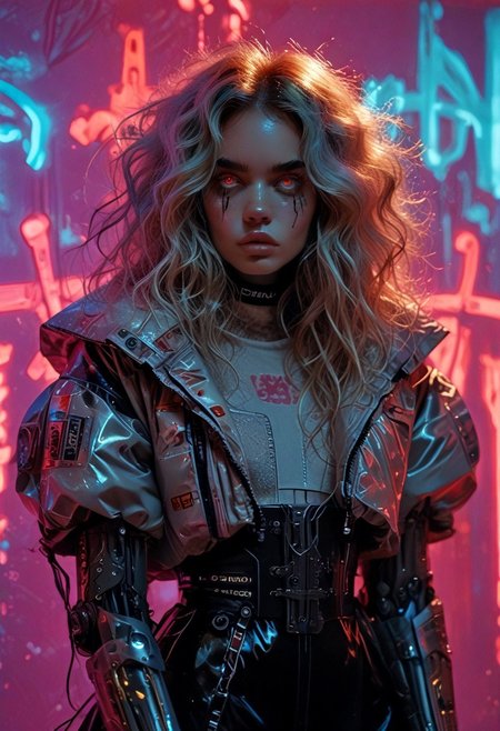 score_7_up, (score_9:1.1), (ugly:0.9),(pretty:1.4),1woman, adult, realistic, realism, hyper realistic, sparkling hair, floaty hair, wavy hair, (soft light coloured hair:1.3), (red iris, glowing iris, neon white pupils:1.3), looking at viewer, big hair, huge afro, zero gravity hair, detailed, perfect, perfection, hands, big scar across face,
BREAK,
((extra_puffy_jacket, black skirt, glossy lips, shiny skin)), full lips, hands behind back, (upper body:1.9),  blocky shape cybernetics, cybernetics, cybernetic skin, raised eyebrow, pale skin, ((snub nose:1.4)), breasts, (prominent abs:1.1), focus upper body,  sweating, 
BREAK,
(neon background, future slums, neon, cybernetic background, mist:1.3),(cybernetic mechanical arm, prosthesis:1.3),