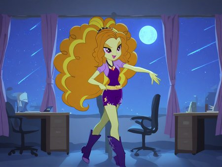 high quality, best quality, masterpiece, highres, very aesthetic, absurdres, <lora:illustrious_quality_modifiers_masterpieces_v1:1>, <lora:NSFWFilter_illusXL_Incrs_v1:-.5>, dynamic pose, full body, 
<lora:Adagio_Dazzle_Equestria_Girls_Rainbow_Rocks_illustrious:1>, Adagio Dazzle \(My Little Pony\), long hair, orange hair, streaked hair, curly hair, ponytail, spiked hairband, pink eyes, eyeshadow, \(Equestria Girls\), light yellow skin, medium breasts, smiling, open mouth, necklace with a red gem, 
, inside, in a hospital, privacy curtains, desk, office chair, cabinet, night, night sky, stars, blue moon, blue lighting, shooting star
