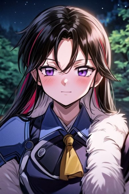 masterpiece,  best quality 1girl Setsun4 solo long hair,  (night time) forest background black hair very long hair purple eyes multicolored hair armor (fur trim) (medium body),<lora:EMS-179-EMS:0.800000>,<lora:EMS-293862-EMS:0.800000> bow, hair_bow, hair_tubes, red_bow, brown_hair, long_hair, bangs, ascot, frilled_bow, yellow_ascot, blush, smile, hair_between_eyes, athletic, armor, miko