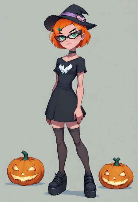 score_9, score_8_up, 1girl, solo, 
Gwen omniverse, 1girl, solo, short hair, hair ornament hairclip, orange hair, green eyes, glasses,
reij-bewitched, black dress, black choker, black platform shoes, black stockings, black hat, pumpkin hatdetail