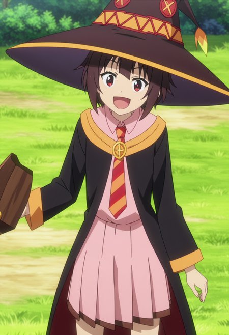 score_9, score_8_up, score_7_up, source_anime,
BREAK
1girl, solo, anime screencap, anime coloring, 
<lora:shiMeguminV1:1.0>, 
shimeguschool, academyuniform, short hair, brown hair, long sleeves, red eyes, pink dress, pleated skirt, black cape, witch hat, 
grass, diagonal-striped necktie, 
black cat, chomusuke,
looking at viewer, smile, open mouth,