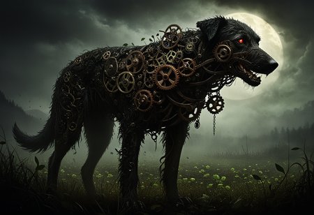 masterpiece, highly detailed, exterior, foggy night, misty field of green clover, clover around the edges, closeup, a menacing mechanical Irish wolfhound, black (fur made of gears), rusty old gears and cogs, old black iron, two glowing red eyes, looking at viewer, emerging from the dark, the black shuck of folklore, dark and menacing, portent of . <lora:gearstyle:1> <lora:zavy-cntrst-sdxl:1> dark, chiaroscuro, low-key