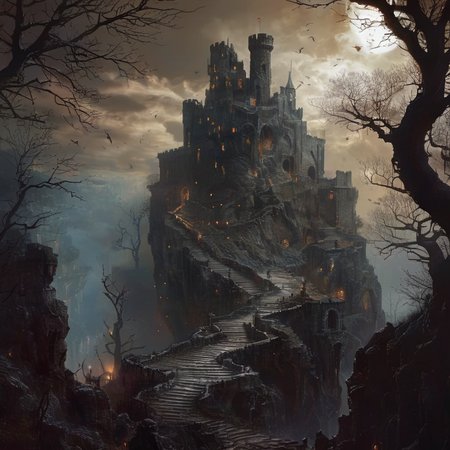 elysexa a castle on a rock in snake land, trees and creatures in the background, darkness, very detailed<lora:elysexa:1>