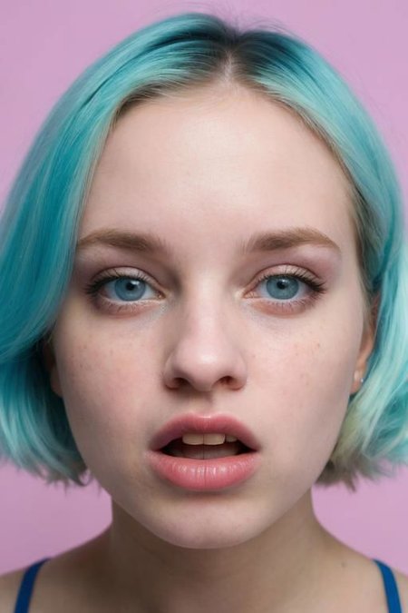 Film still, cinematic, flash photography, 2005 cute emo woman, suprised, open mouth, scene girl, pastel hair, vibrant pastel blue background, sharp focus, detailed skin texture, detailed eyes,