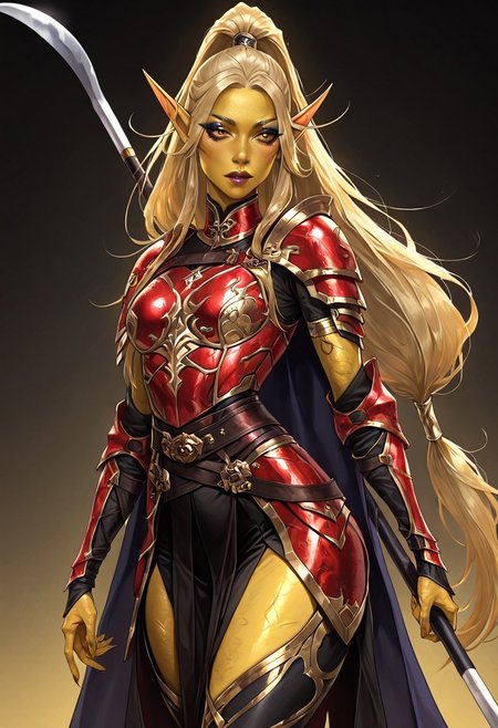 masterpiece, best quality, newest, absurdres, highres, 
HFMV1.0, 
1girl, asian, asian female, elf, elf girl, pointy ears, long hair, yellow skin, blonde hair, golden colored skin, ponytail long ponytail, high taied ponytail, makeup, mascara, brown eyes, golden eyes, armor, red armor, cape, dynamic pose, polearm, holding polearm, holding weapon, weapon, naginata, 