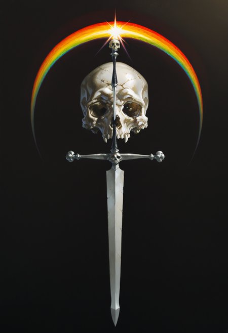 nightjar, weapon, sword, skull, traditional media, solo, rainbow, no humans, black background