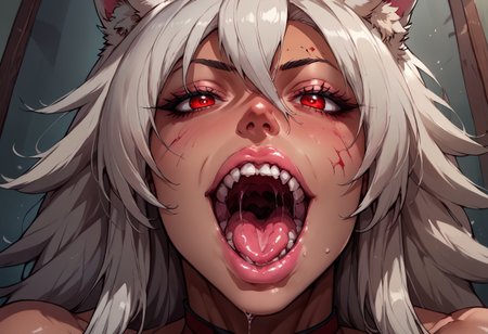 score_9, score_8_up, score_7_up,   1girl, black hair, solo, blood, red eyes, tongue, teeth, open mouth, long hair, blood on face, close-up,  <lora:Fant5yP0ny:0.8>, ghislaine dedoldia, visible breast, pink gloss big bimbo lips, transparent saliva dripping, seductive look, touching her cheeks, super lovely, full head picture,  wet eyeliner, drool