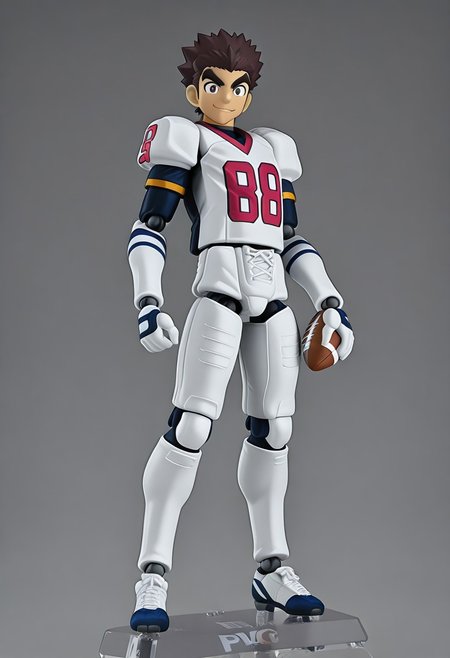 figma, figure anime style, PVC, Yaoi figure PVC, PVC boy, PVC texture, male, High Quality, perfect anatomy, HD, anime style, break
TAROU RAIMON, 1boy, solo, plastic skin, plastic texture, plastic figure,  alone, brown hair,  thick eyebrows, dark brown eyes, athletic build, smiling, posing, looking at viewer, football uniform, tight uniform, red and white uniform,