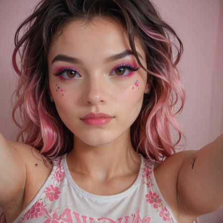 (aerial perspective), The image features a person with intricate asian face tattoos, wearing a brightly colored, patterned outfit, and accessorized with vibrant, multi-colored jewelry. The overall color scheme is dominated by shades of pink and blue, giving it a striking and artistic appearance,