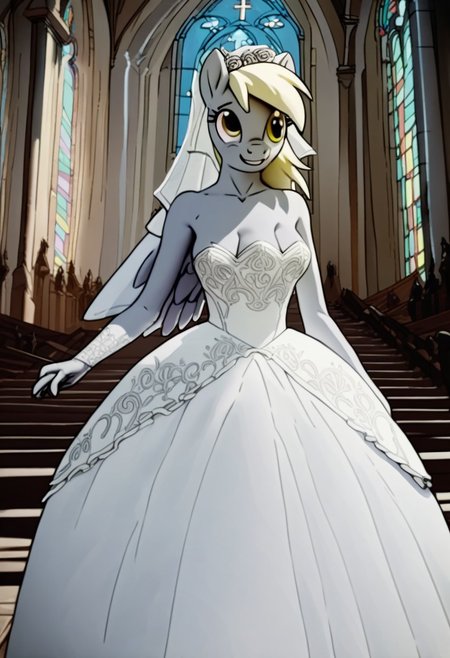 score_9, score_8_up, score_7_up, score_6_up, score_5_up, score_4_up, mab_style, anthro, derpy, bridal dress, church, three breasts, three tits,