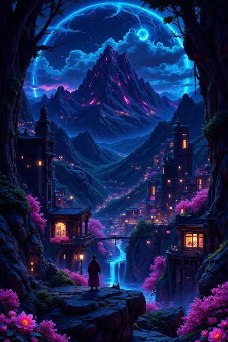 mountaintop beautiful  landscape, bright luminous night, woman, very intricate, very detailed, sharp, bright, colorful, <lora:Hand v2:0.5> <lora:Anti-Blur:1><lora:Insane Detail Slider:0.25>  <lora:flux.1_lora_flyway_Epic-detail_v2:0.3> <lora:fluxenhancer:0.25> <lora:Neurocore Anime Cyberpunk v2.0:1> A digital artwork in the style of cknc <lora:abyss-neon:0.6> bo-neon