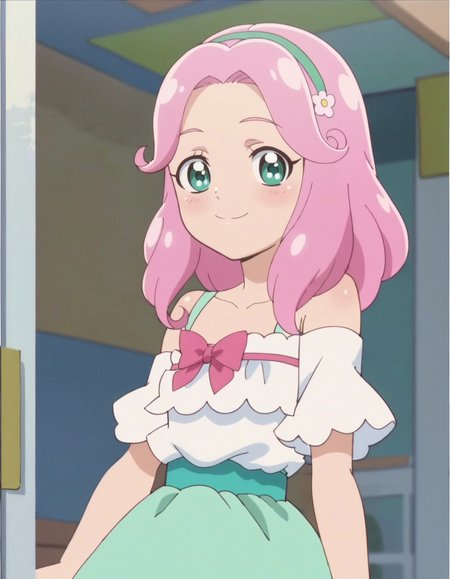 score_9, score_8_up, score_7_up, anime screencap, solo,1girl,hanamikotoha, green eyes,pink hair,pink  bow,green skirt, hairband,white dress,bare shoulder,cowboy shot,smile,blush,looking at viewer,small breasts,<lora:hanamikotoha:0.8>