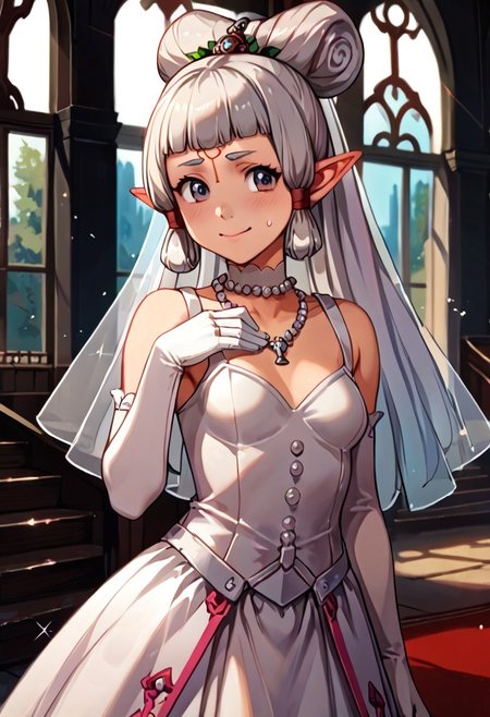 score_9, score_8_up, score_7_up, score_6_up, score_5_up, score_4_up, source_anime, , (best quality) , (highly detailed) , (best quality) , (highly detailed) ,((masterpiece)), ((best quality)), (ultra-detailed), ((extremely detailed)), (high resolution), 4K, (8K), best quality, (beautiful), (dynamic lighting), (super detailed skin), sharp focus, (1_girl, solo focus), masterpiece ,absurdres ,detailed face ,beautiful face , paya, elf ears, pointy ears, Dark skin, high ponytail, Dark Skinned Female      
blush,bride, wedding dress, bridal veil, white dress, tiara, pearl necklace, indoors, church, sunlight, light rays, (light particles), elbow gloves, white gloves, garter straps, white thighhighs, gothic architecture, pillar, arch, smile, closed mouth, blush, sweatdrop, wedding ring, wedding,
 (portrait, upper body), OverallDetail,